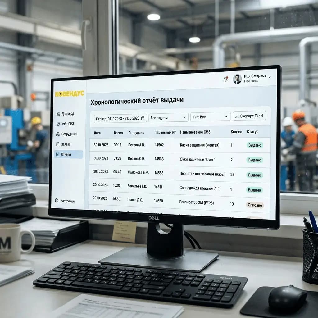 Хронологический отчёт — лента выдач с датой, временем и сотрудником